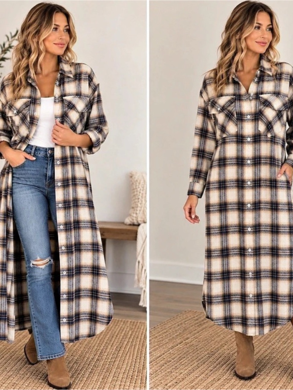 MALIBU BUM Plaid Dress Shirt Jacket in Brown & Cream Size Small Like New